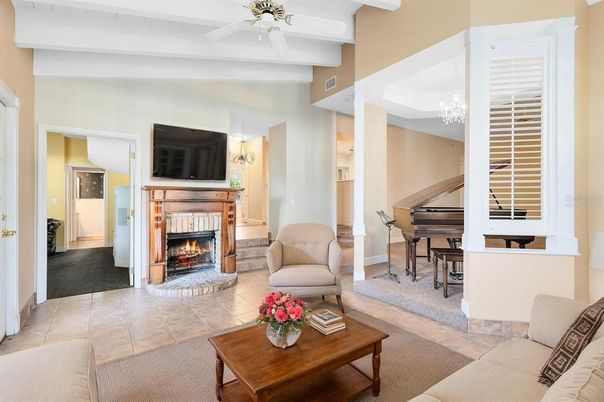 Chandelier, Fireplace, Interior, Living room, Piano