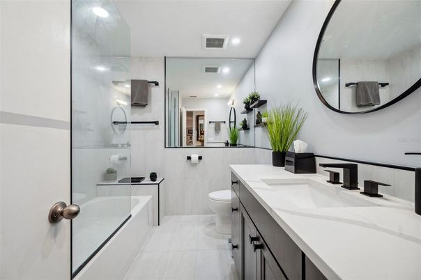 Bathroom, Dual Sink Vanities, Glass Shower, Interior, Recessed Lighting