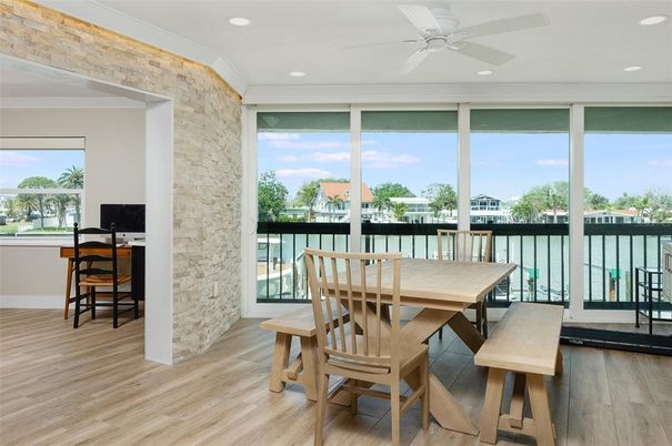 Dining room, Interior, Recessed Lighting, Stone Walls, Wood Texture Flooring
