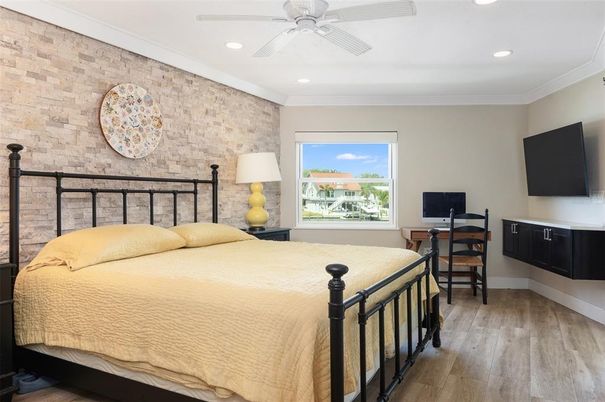 Bedroom, Interior, Recessed Lighting, Stone Walls, Wood Texture Flooring