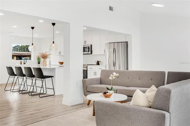 Interior, Kitchen, Living room, Pendant Lights, Recessed Lighting, Stainless Steel Appliances, Wood Texture Flooring