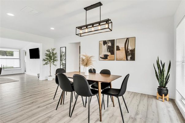Dining room, Interior, Pendant Lights, Recessed Lighting, Wood Texture Flooring