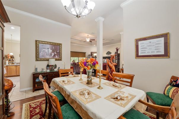 Chandelier, Dining room, Interior, Pendant Lights, Recessed Lighting, Wood Texture Flooring