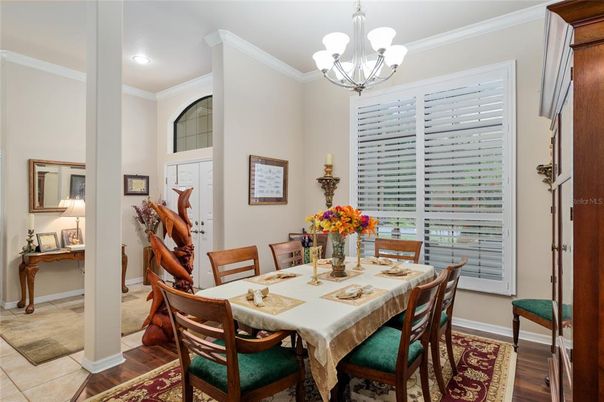 Chandelier, Dining room, Interior, Recessed Lighting, Wood Texture Flooring
