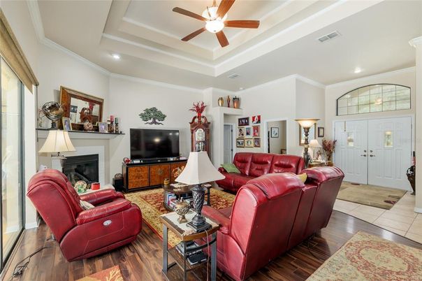 Fireplace, Interior, Living room, Recessed Lighting, Wood Texture Flooring