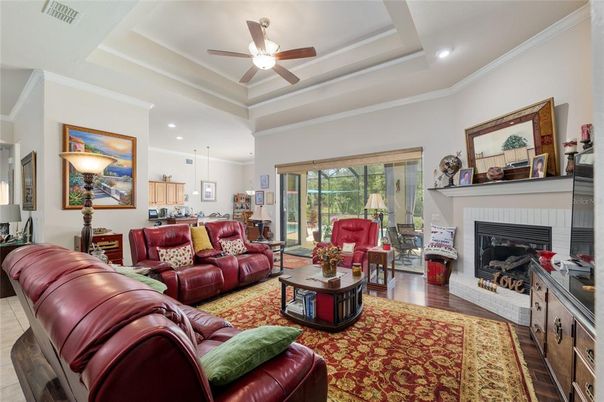 Fireplace, Interior, Living room, Pendant Lights, Recessed Lighting, Wood Texture Flooring