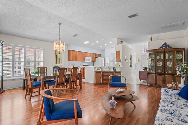 Dining room, Interior, Kitchen, Pendant Lights, Recessed Lighting, Wood Texture Flooring