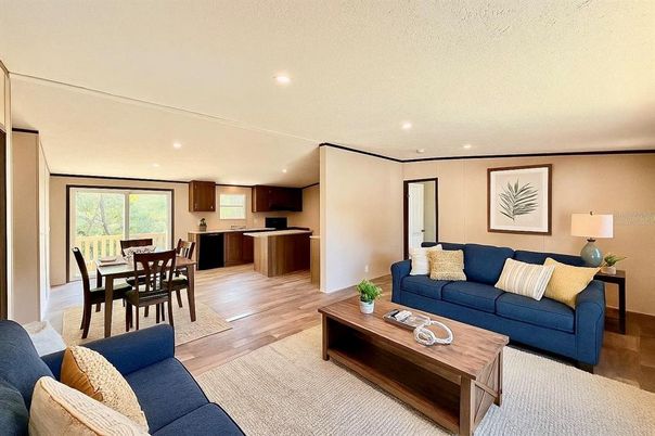 Dining room, Interior, Kitchen, Living room, Recessed Lighting, Wood Texture Flooring