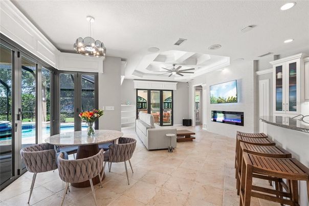 Dining room, Fireplace, Interior, Living room, Pendant Lights, Recessed Lighting