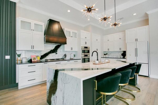 Interior, Kitchen, Pendant Lights, Recessed Lighting, Stainless Steel Appliances, Wood Texture Flooring