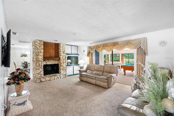 Billiard Table, Fireplace, Game Room, Interior, Living room, Stone Walls