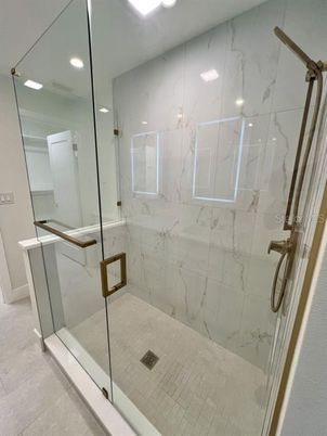 Bathroom, Glass Shower, Interior, Marble Walls, Recessed Lighting