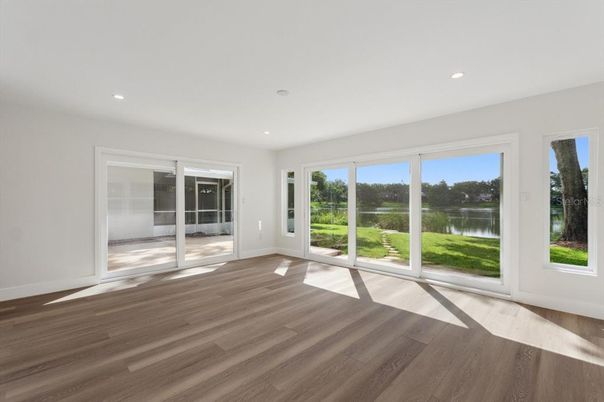 Empty room, Interior, Recessed Lighting, Water, Wood Texture Flooring