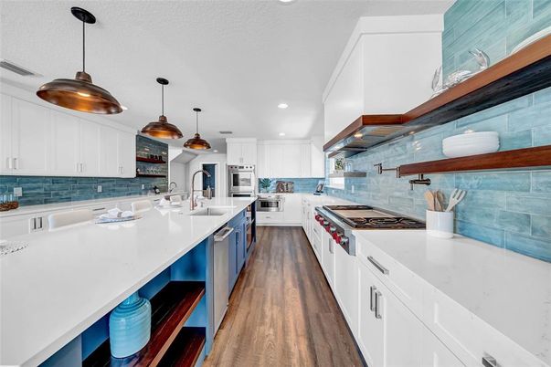 Interior, Kitchen, Pendant Lights, Recessed Lighting, Stainless Steel Appliances, Wood Texture Flooring