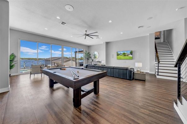 Billiard Table, Game Room, Interior, Recessed Lighting, Water, Wood Texture Flooring