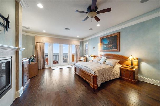 Bedroom, Fireplace, Interior, Recessed Lighting, Wood Texture Flooring