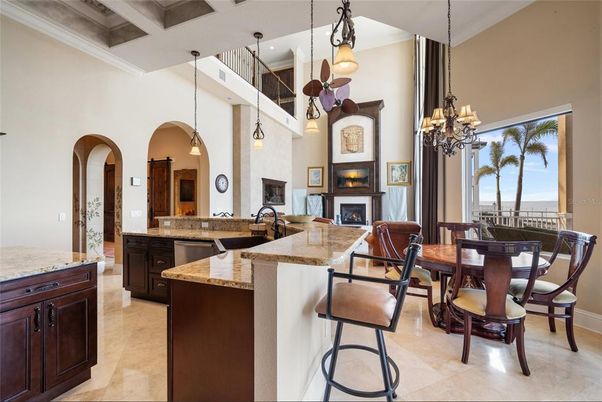 Chandelier, Dining room, Fireplace, Interior, Kitchen, Pendant Lights