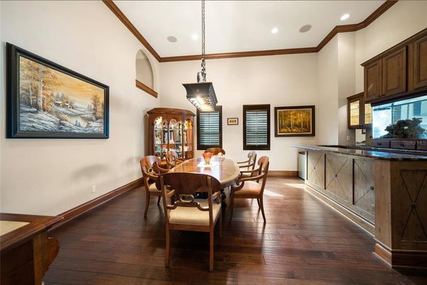 Dining room, Interior, Pendant Lights, Recessed Lighting, Wood Texture Flooring