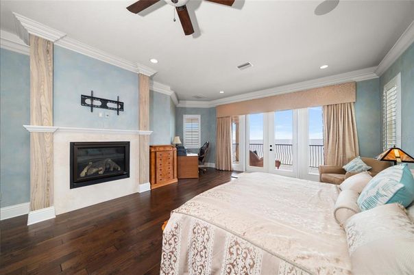 Bedroom, Fireplace, Interior, Recessed Lighting, Wood Texture Flooring