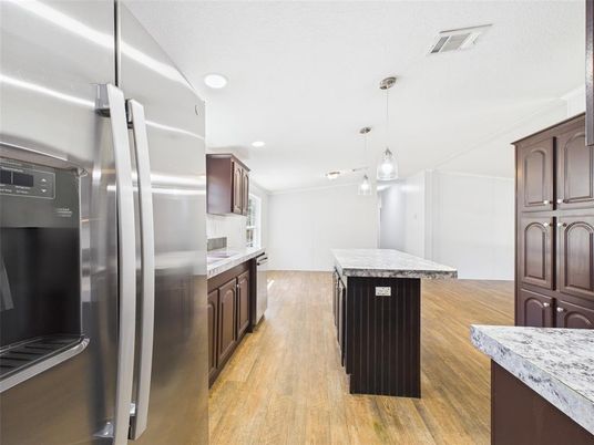 Interior, Kitchen, Pendant Lights, Recessed Lighting, Stainless Steel Appliances, Wood Texture Flooring
