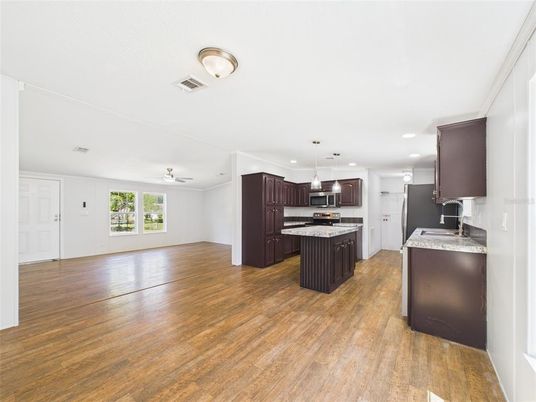 Interior, Kitchen, Pendant Lights, Recessed Lighting, Wood Texture Flooring