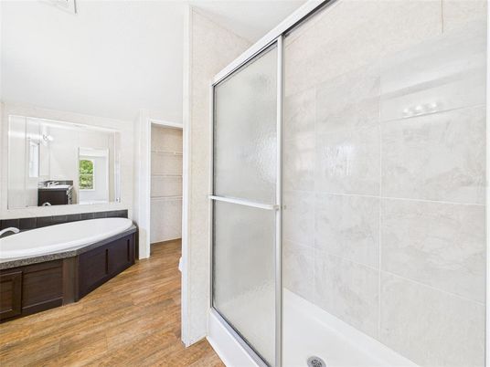 Bathroom, Glass Shower, Interior, Wood Texture Flooring