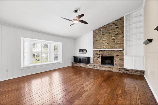 Empty room, Fireplace, Interior, Stone Walls, Wood Texture Flooring