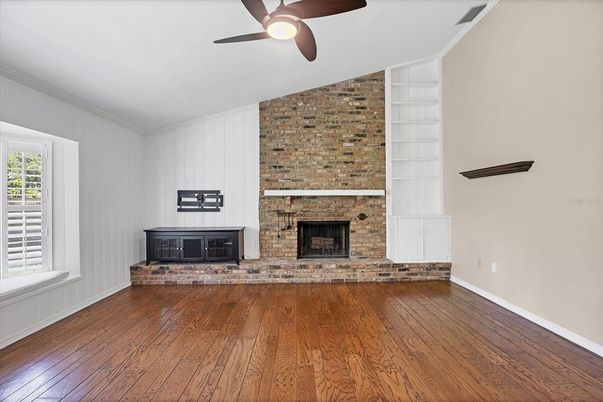 Empty room, Fireplace, Interior, Stone Walls, Wood Texture Flooring