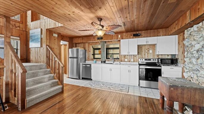 Interior, Kitchen, Stone Walls, Wooden Ceilings, Wood Texture Flooring, Wooden Walls