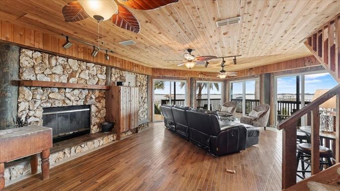Fireplace, Interior, Living room, Stone Walls, Water, Wooden Ceilings, Wood Texture Flooring