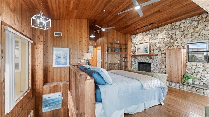 Bedroom, Fireplace, Interior, Stone Walls, Wooden Ceilings, Wood Texture Flooring, Wooden Walls
