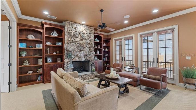 Fireplace, Interior, Living room, Recessed Lighting, Stone Walls