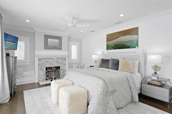 Bedroom, Fireplace, Interior, Recessed Lighting, Wood Texture Flooring
