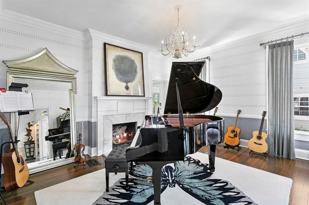 Chandelier, Fireplace, Interior, Piano, Wood Texture Flooring