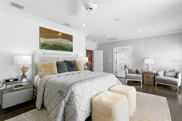 Bedroom, Interior, Recessed Lighting, Wood Texture Flooring