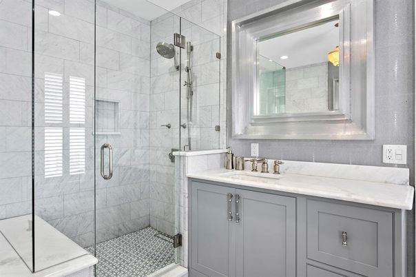 Bathroom, Glass Shower, Interior, Marble Walls, Recessed Lighting