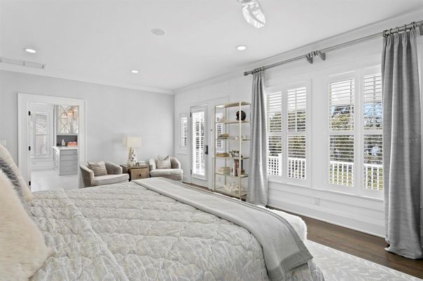 Bedroom, Interior, Recessed Lighting, Wood Texture Flooring
