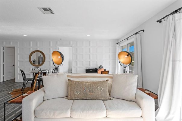 Dining room, Interior, Living room, Recessed Lighting, Wood Texture Flooring
