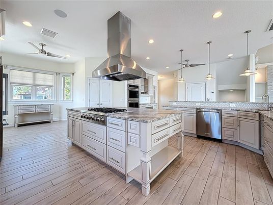 Interior, Kitchen, Pendant Lights, Recessed Lighting, Stainless Steel Appliances, Wood Texture Flooring