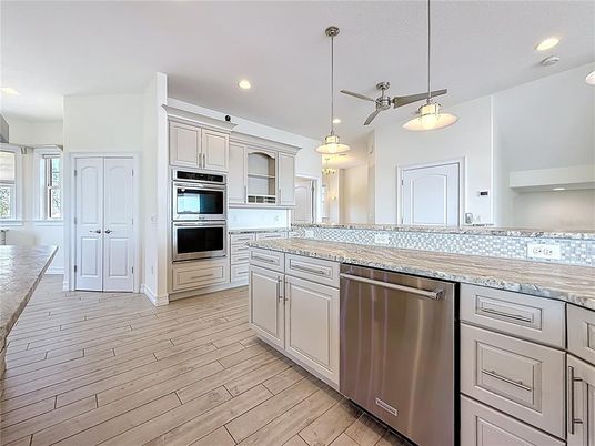 Interior, Kitchen, Pendant Lights, Recessed Lighting, Stainless Steel Appliances, Wood Texture Flooring
