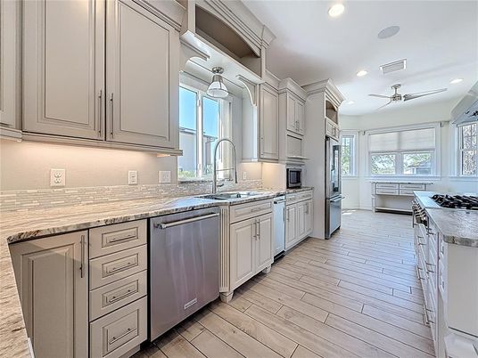 Interior, Kitchen, Recessed Lighting, Stainless Steel Appliances, Wood Texture Flooring
