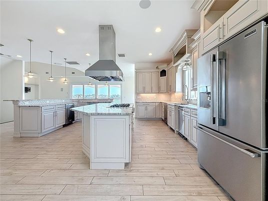 Interior, Kitchen, Pendant Lights, Recessed Lighting, Stainless Steel Appliances, Wood Texture Flooring
