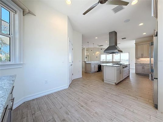 Interior, Kitchen, Pendant Lights, Recessed Lighting, Wood Texture Flooring