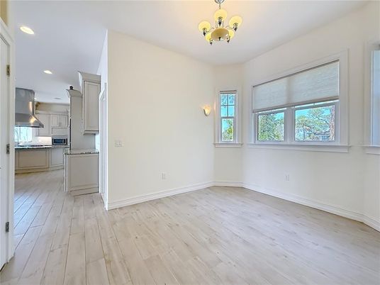 Chandelier, Empty room, Interior, Kitchen, Recessed Lighting, Wood Texture Flooring