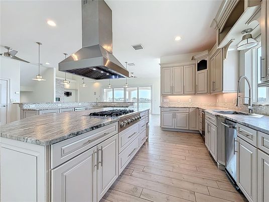 Interior, Kitchen, Pendant Lights, Recessed Lighting, Stainless Steel Appliances, Wood Texture Flooring