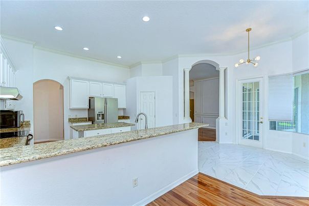 Interior, Kitchen, Marble, Pendant Lights, Recessed Lighting, Wood Texture Flooring