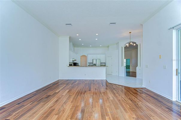Empty room, Interior, Kitchen, Pendant Lights, Recessed Lighting, Wood Texture Flooring