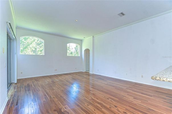 Empty room, Interior, Recessed Lighting, Wood Texture Flooring