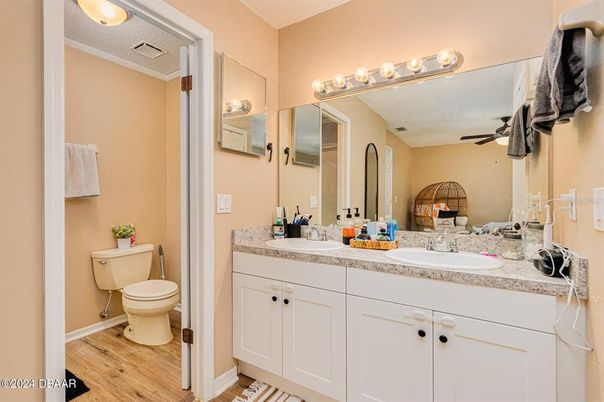 Bathroom, Dual Sink Vanities, Interior, Wood Texture Flooring