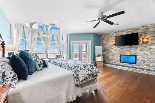 Bedroom, Fireplace, Interior, Stone Walls, Wood Texture Flooring